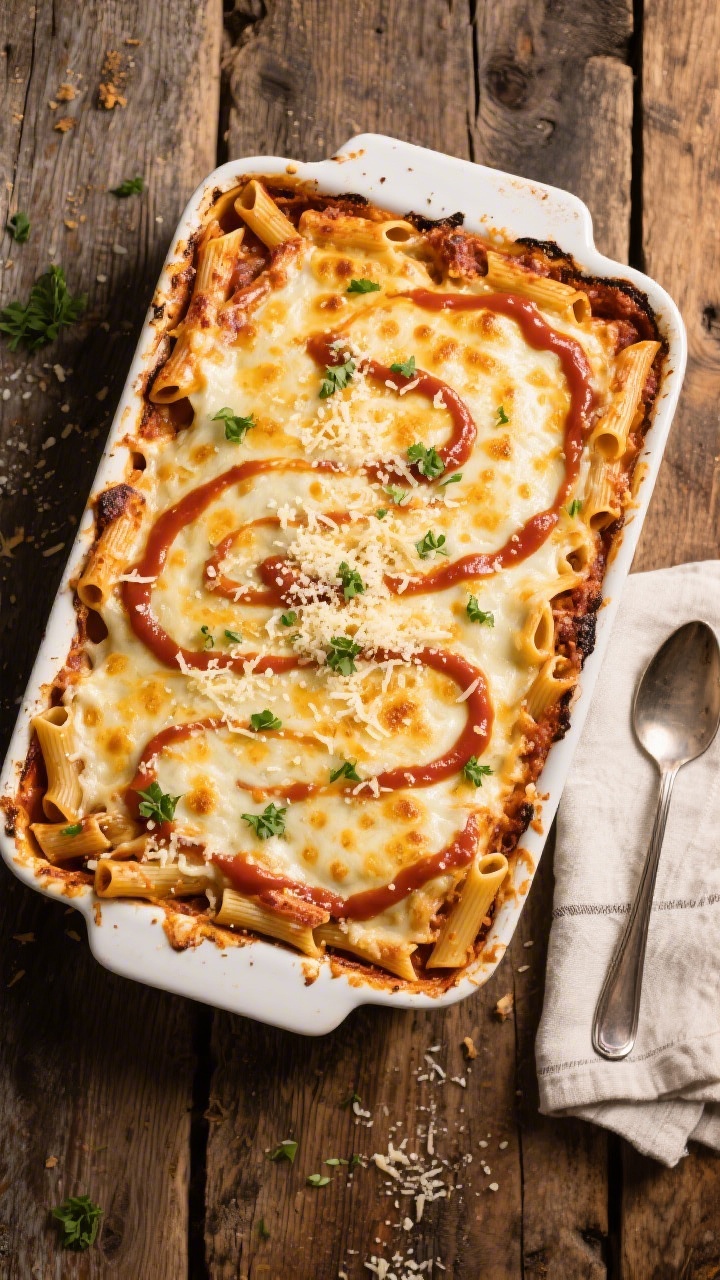 Tasty top view: Overhead shot of the assembled 9x13 baked ziti just out of the oven—cheese evenly 