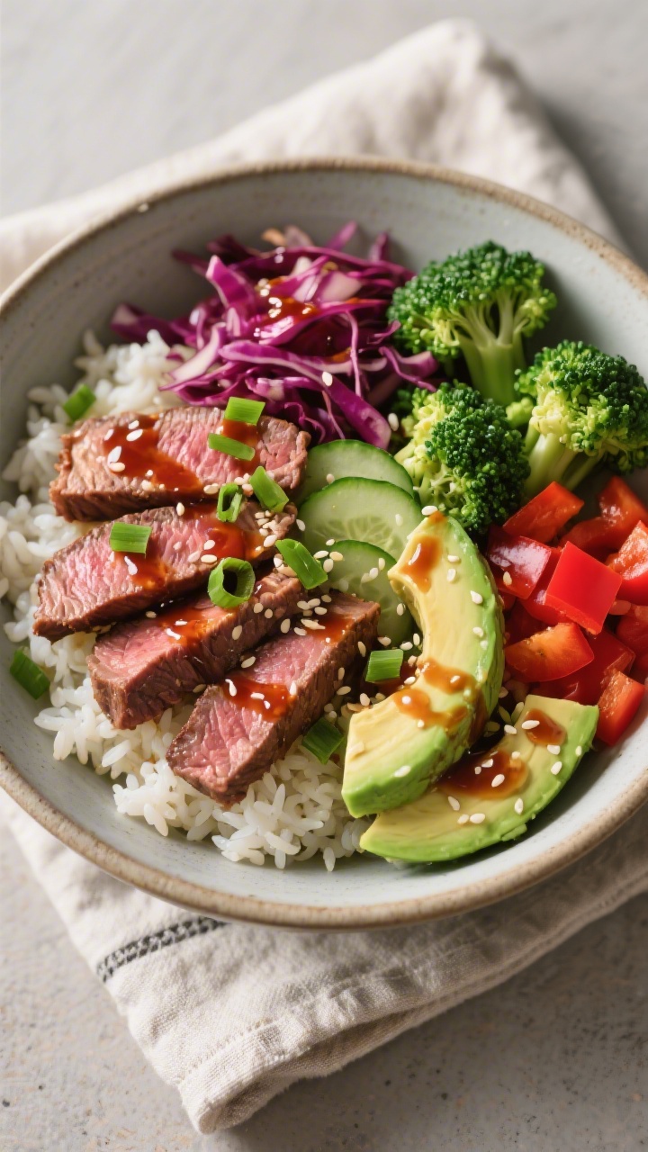 Tasty top view: Overhead shot of the assembled high-protein steak rice bowl—fluffy jasmine rice ba