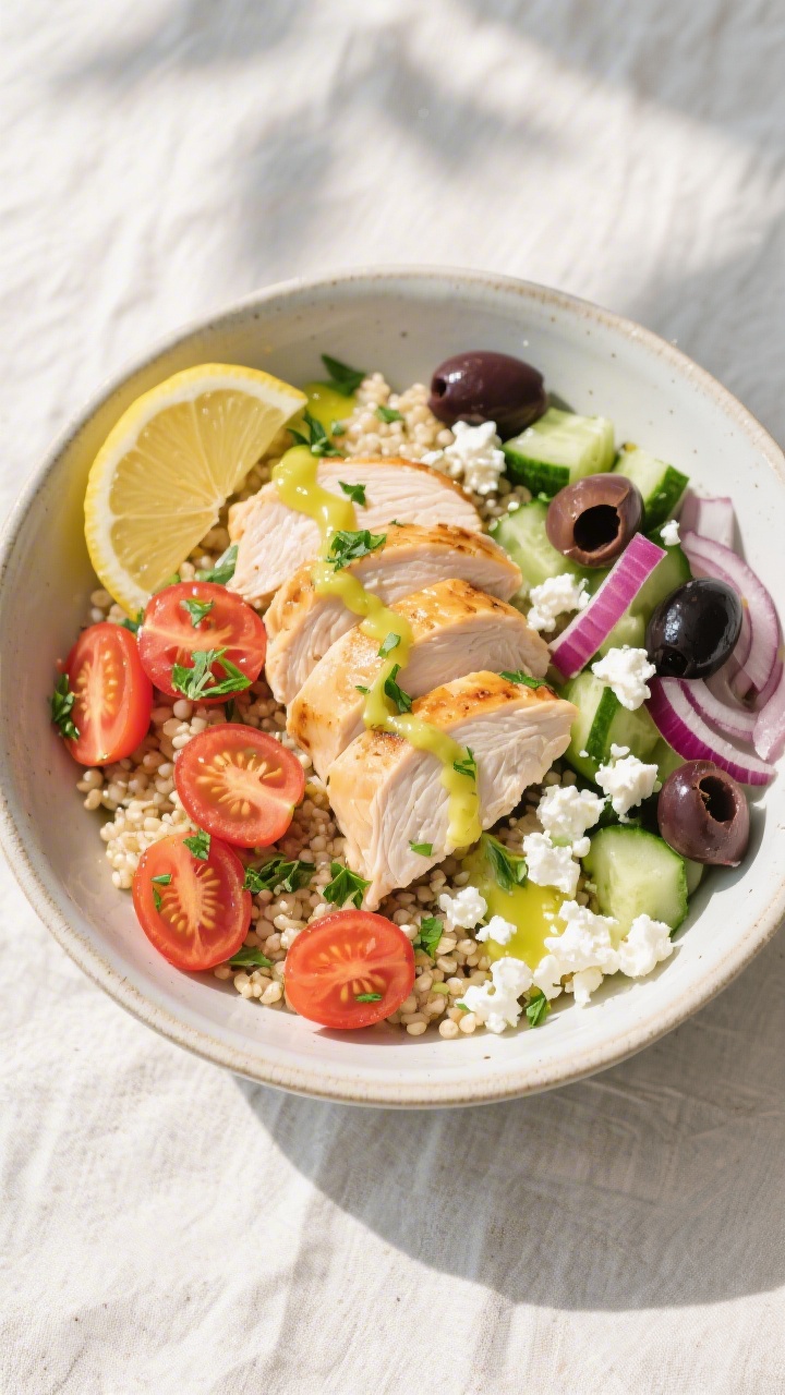 Tasty top view: Overhead shot of the assembled Mediterranean Lemon Chicken Bowl—fluffy quinoa base