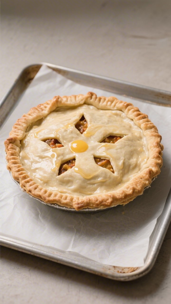 Tasty top view: Overhead shot of the assembled pie before baking—top crust neatly laid over a heap