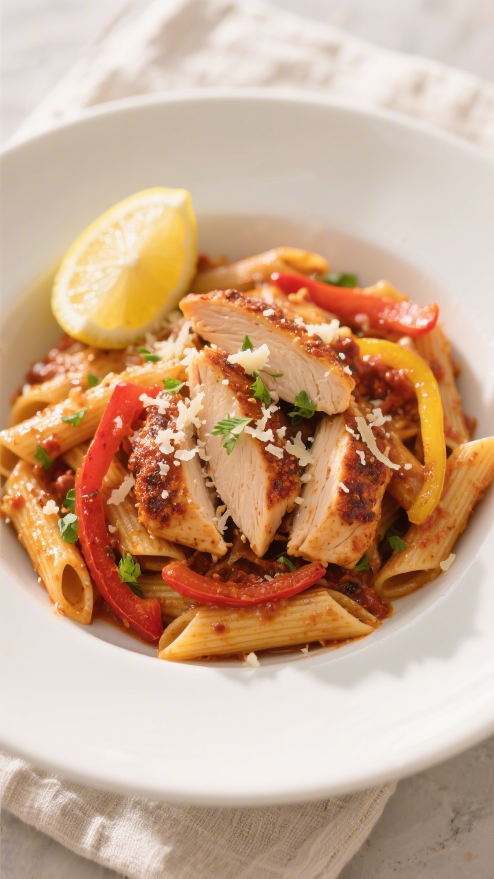 Tasty top view: Overhead shot of the finished Cajun chicken pasta tossed with penne—sauce clinging