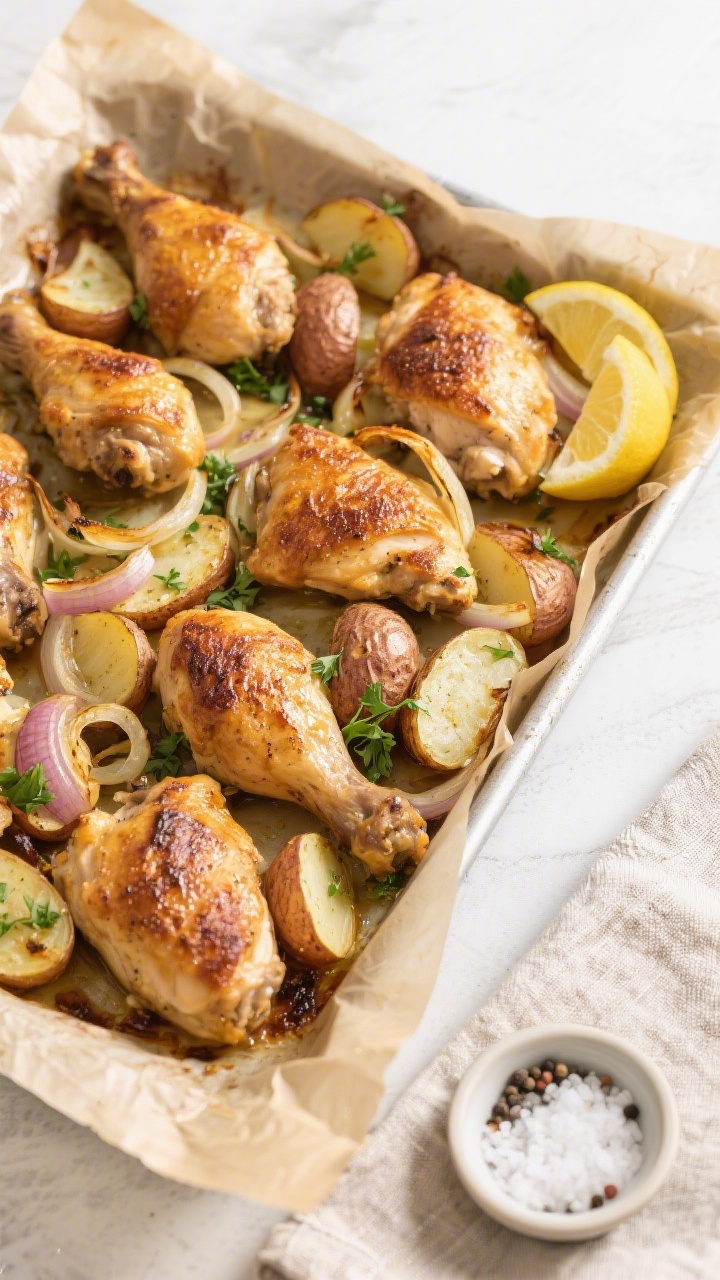 Tasty top view: Overhead shot of the finished Chicken and Potato Bake in a parchment-lined sheet pan