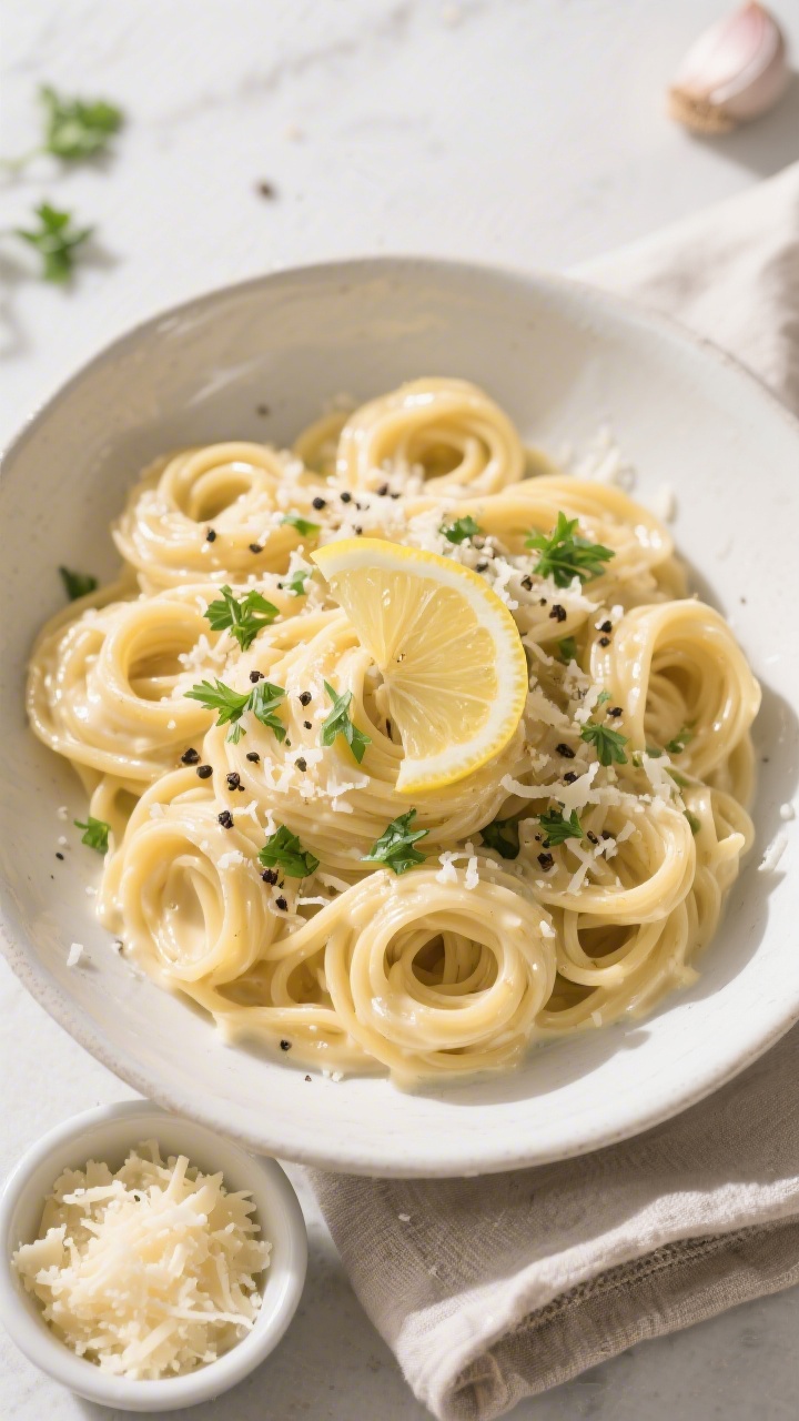 Tasty top view: Overhead shot of the finished creamy garlic pasta twirled into neat nests in a wide,