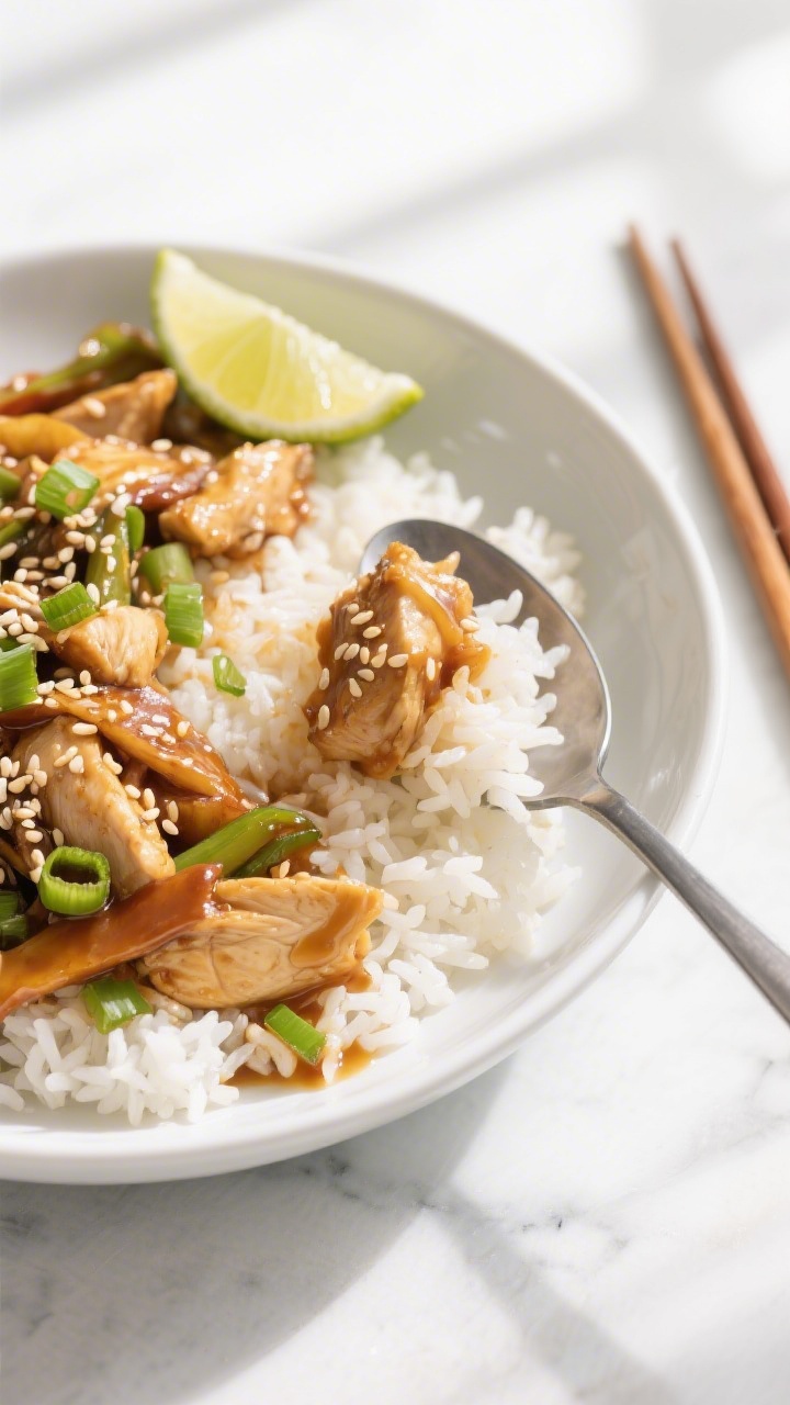 Tasty top view: Overhead shot of the finished High Protein Chicken Stir Fry spooned over fluffy jasm