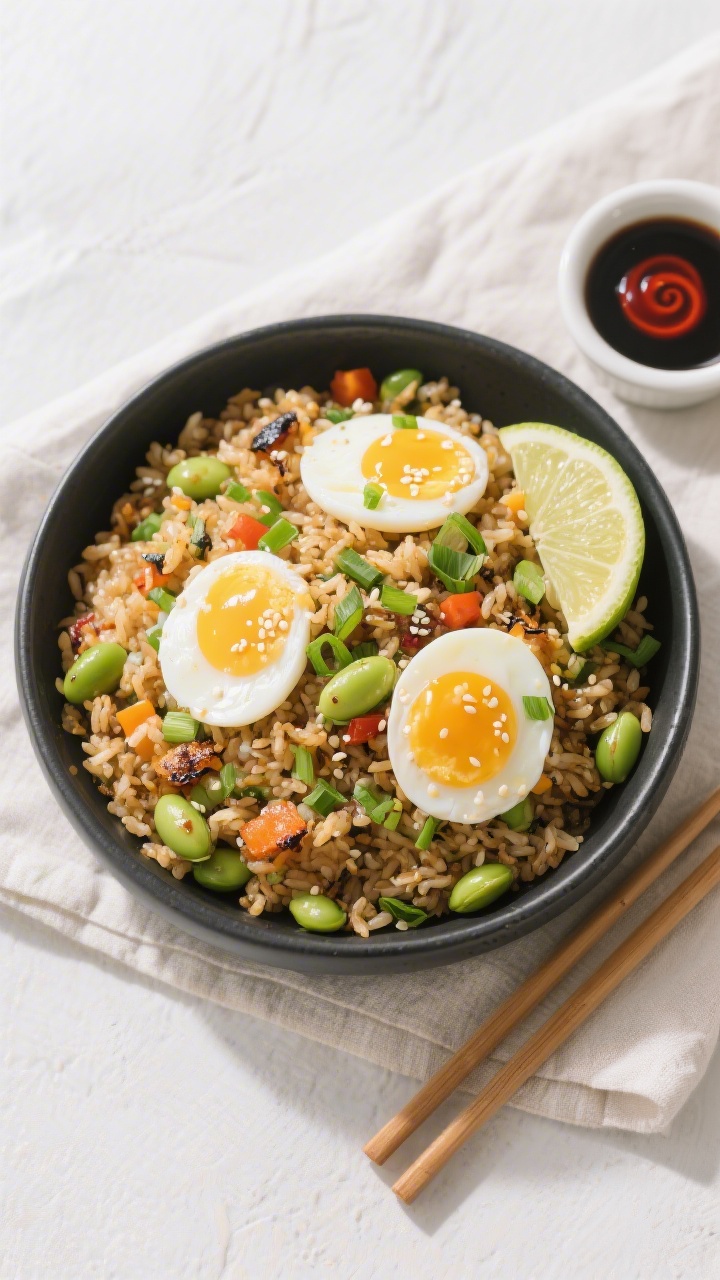 Tasty top view: Overhead shot of the finished High Protein Egg Fried Rice in a wide, matte-black bow