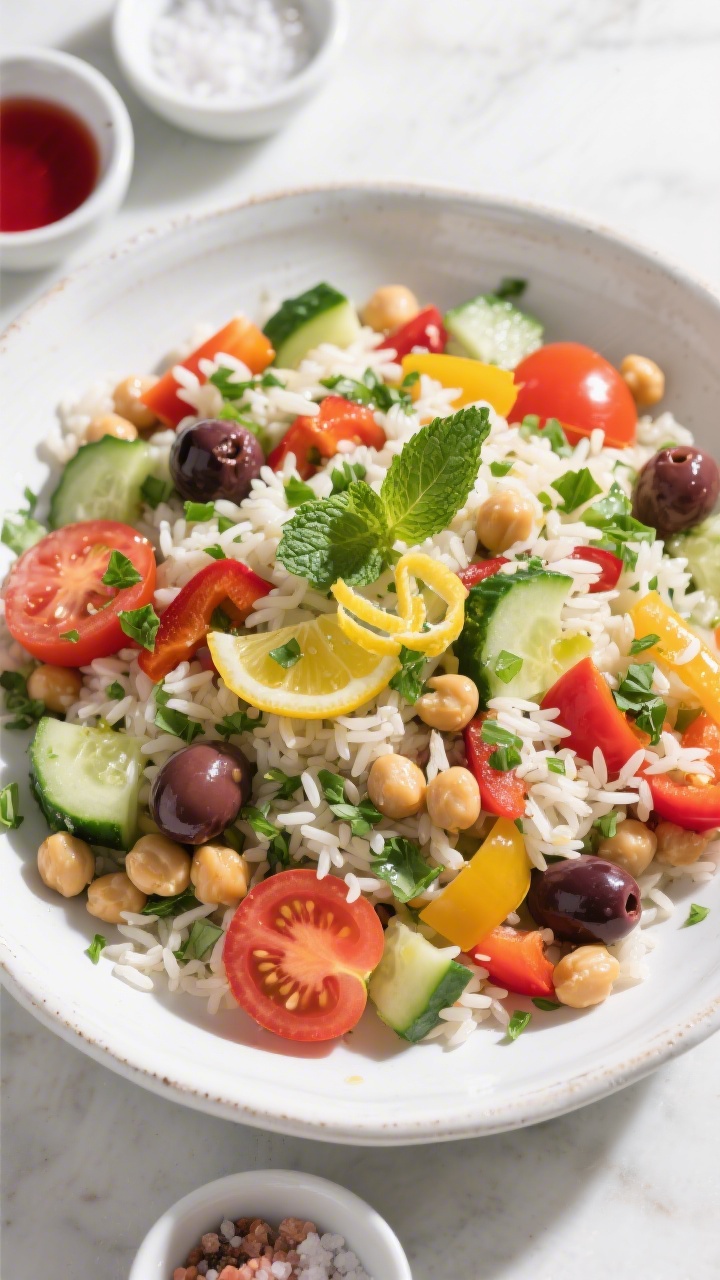 Tasty top view: Overhead shot of the finished Mediterranean Rice Salad in a wide, white ceramic serv