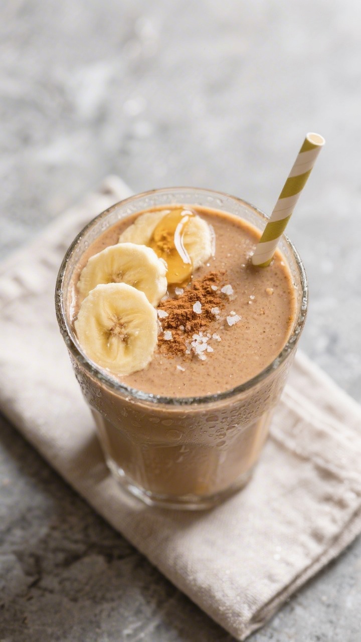 Tasty top view: Overhead shot of the finished peanut butter banana protein smoothie in a wide glass,