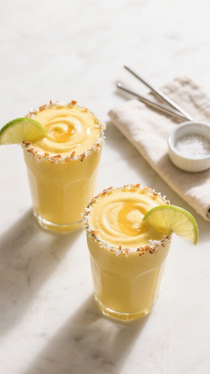 Tasty top view: Overhead shot of the finished Pineapple Mango Smoothie in two short tumblers, creamy