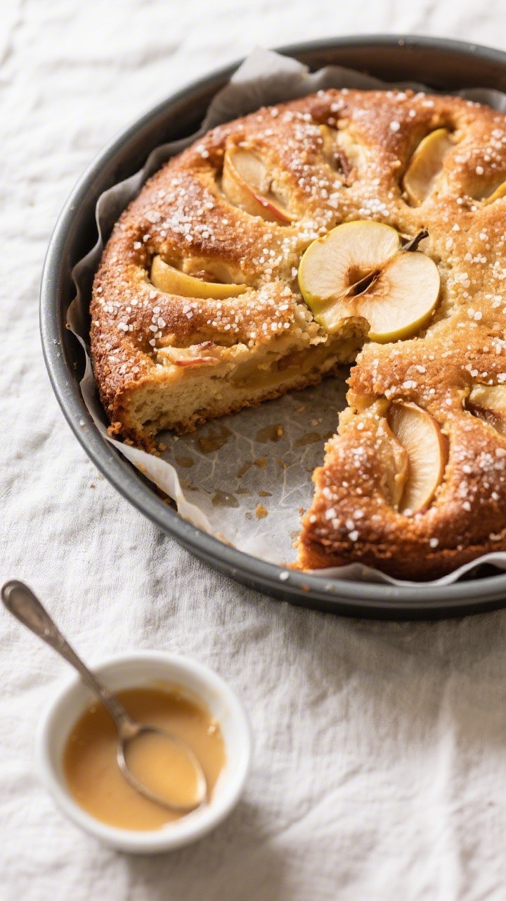 Tasty top view: Overhead shot of the whole baked apple cake in a 9-inch round pan lined with parchme