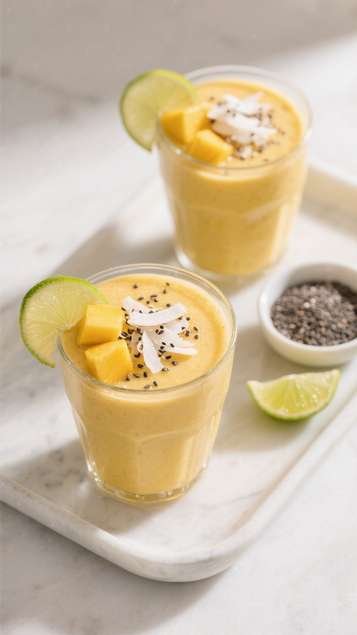 Tasty top view: Overhead shot of two glasses of the finished creamy mango smoothie on a matte white