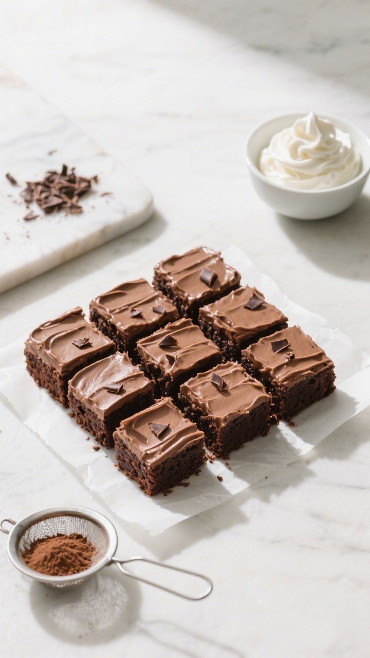 Tasty top view: Overhead table scene of neatly sliced squares of chocolate cake (8-inch square pan b