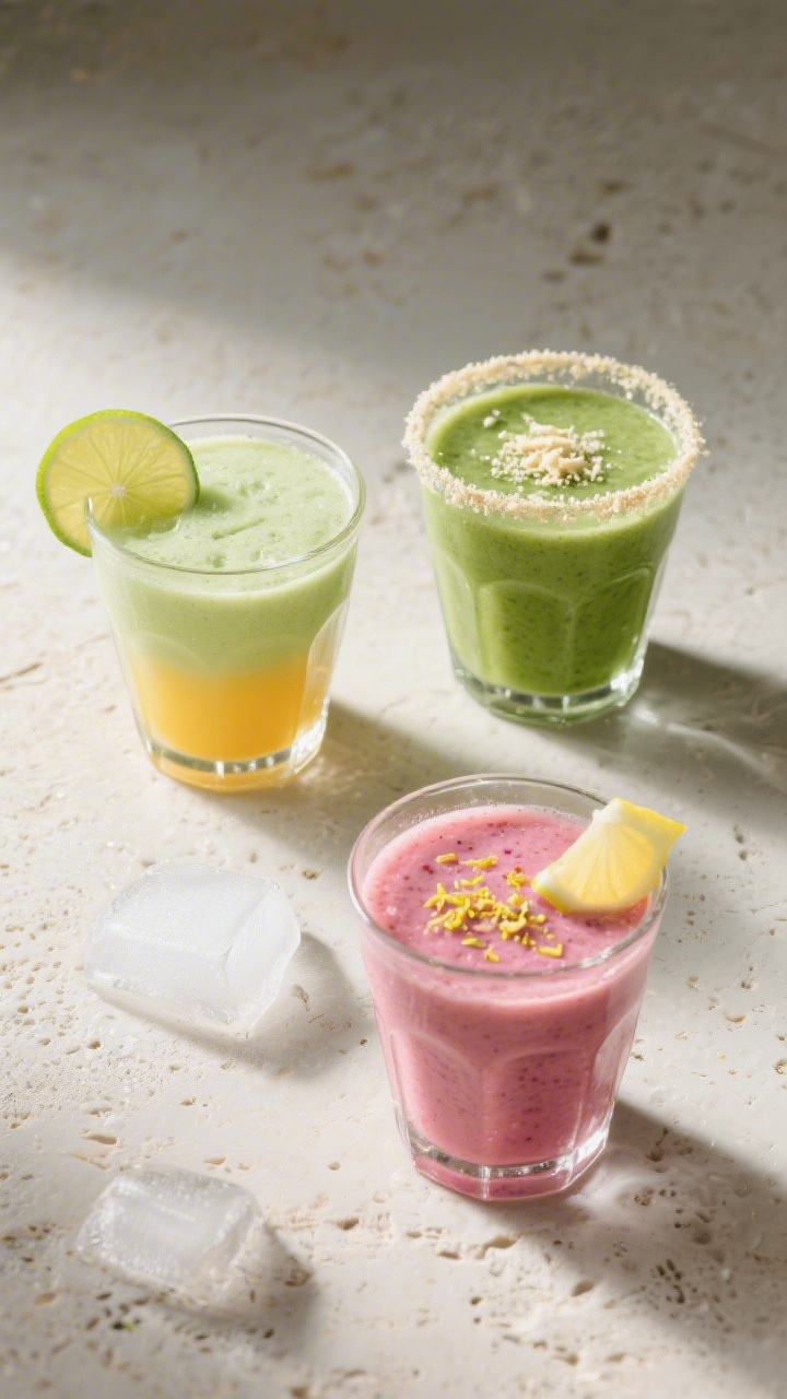 Tasty top view: Overhead trio of prepared variations in small, clear tumblers—Tropical Sunrise (pa
