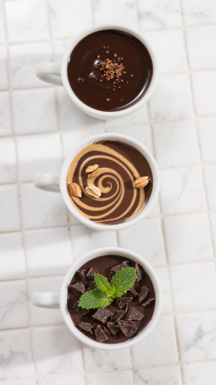 Tasty top view: Overhead trio of variations displayed in matching mugs—Mocha (dark, extra glossy t