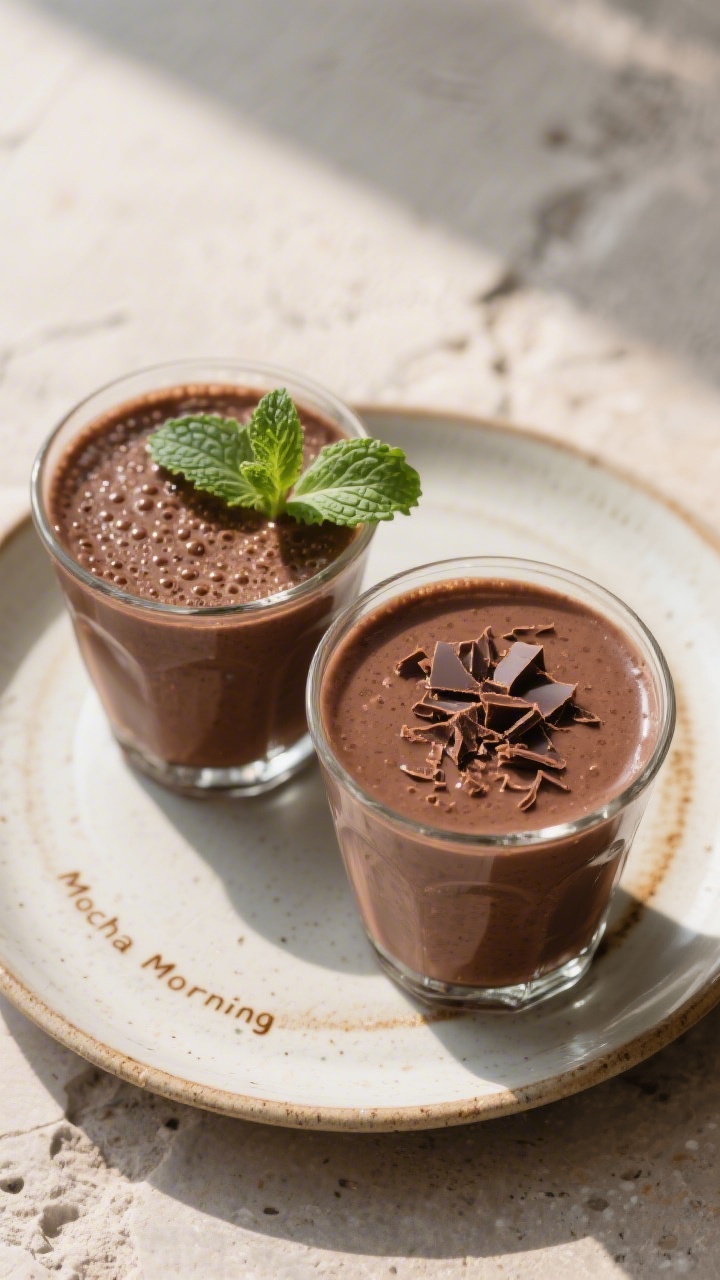 Tasty top view: Overhead, two small tumblers of the “Mocha Morning” variation—deep cocoa-brown