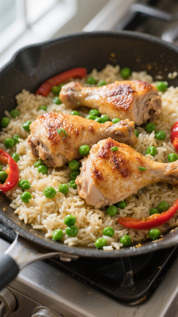 Tasty top view: The covered-cook stage just finished—overhead of the skillet with chicken thighs n