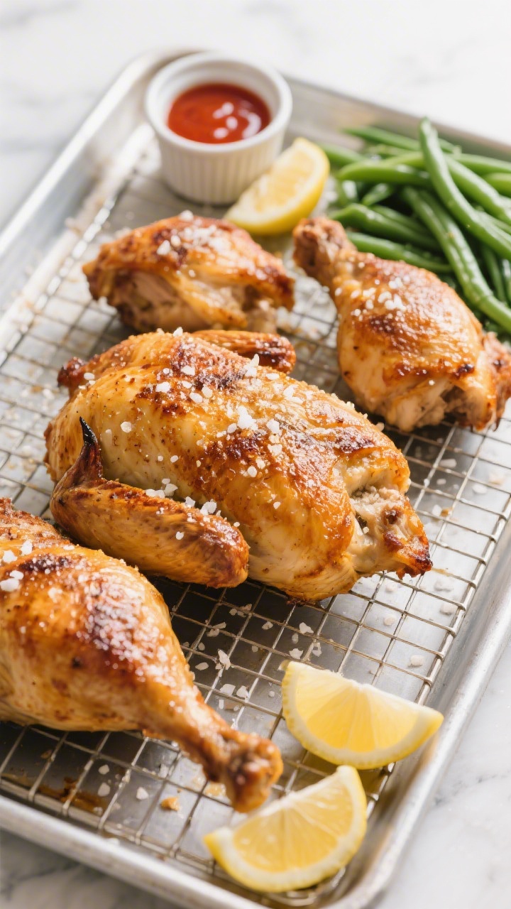 Tasty top view: Top-down hero shot of a family-style spread—baked chicken on a wire rack resting o