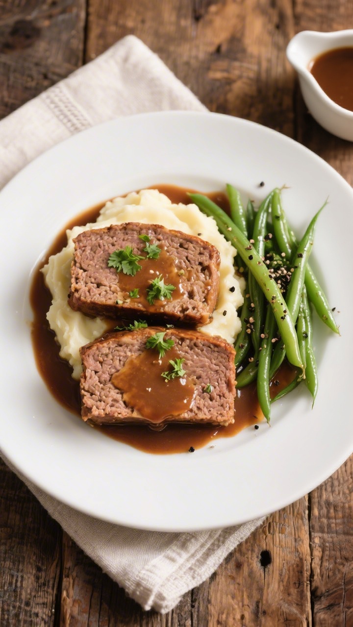 Tasty top view: Top-down plate of two 1-inch meatloaf slices over creamy mashed potatoes, generous d