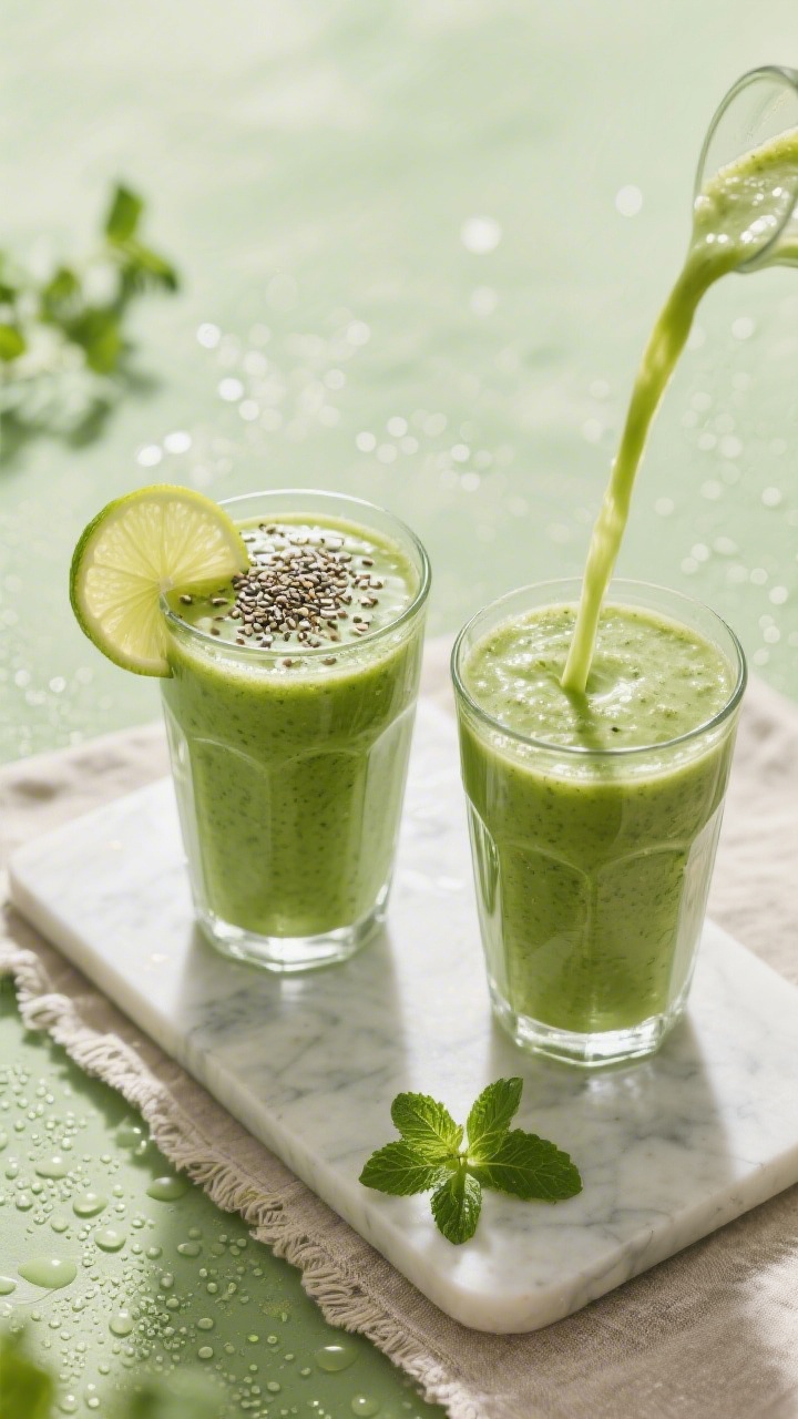 Tasty top view: Top-down pour scene of the finished smoothie being divided into two chilled tumblers