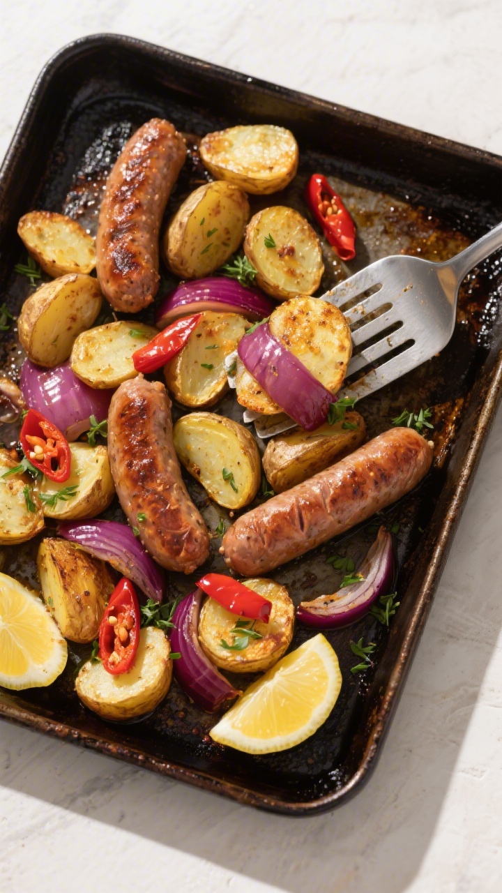 Tasty top view: Top-down serving-from-the-pan moment—deeply golden potatoes and browned sausage on