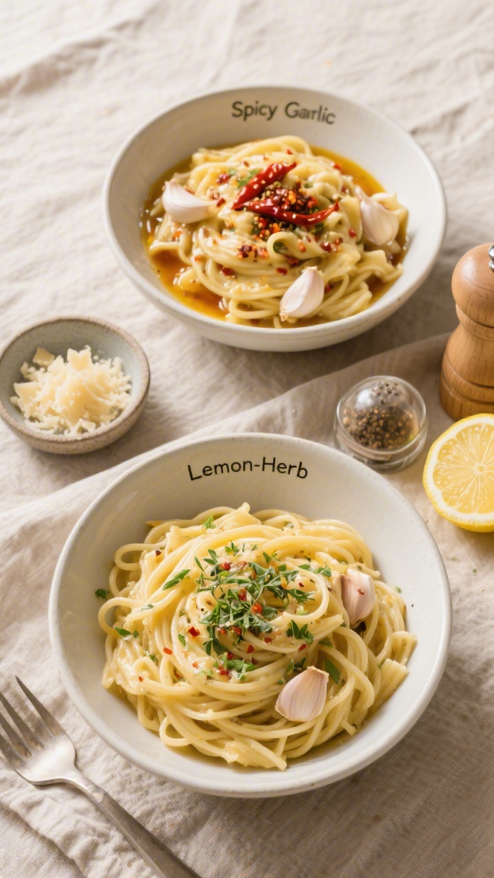 Tasty top view — Weeknight serving spread: overhead of two bowls of prepared garlic butter pasta (
