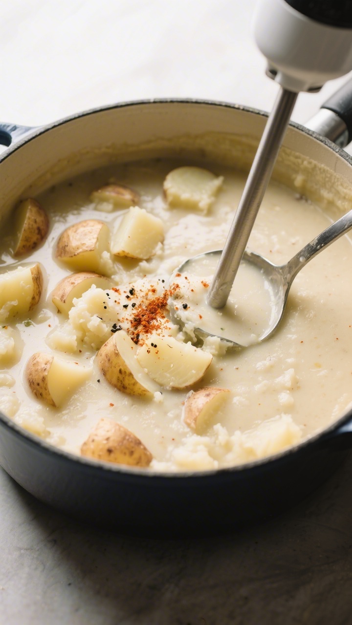 Texture moment — chunky-smooth balance: Overhead shot of the soup in the pot right after mashing, 