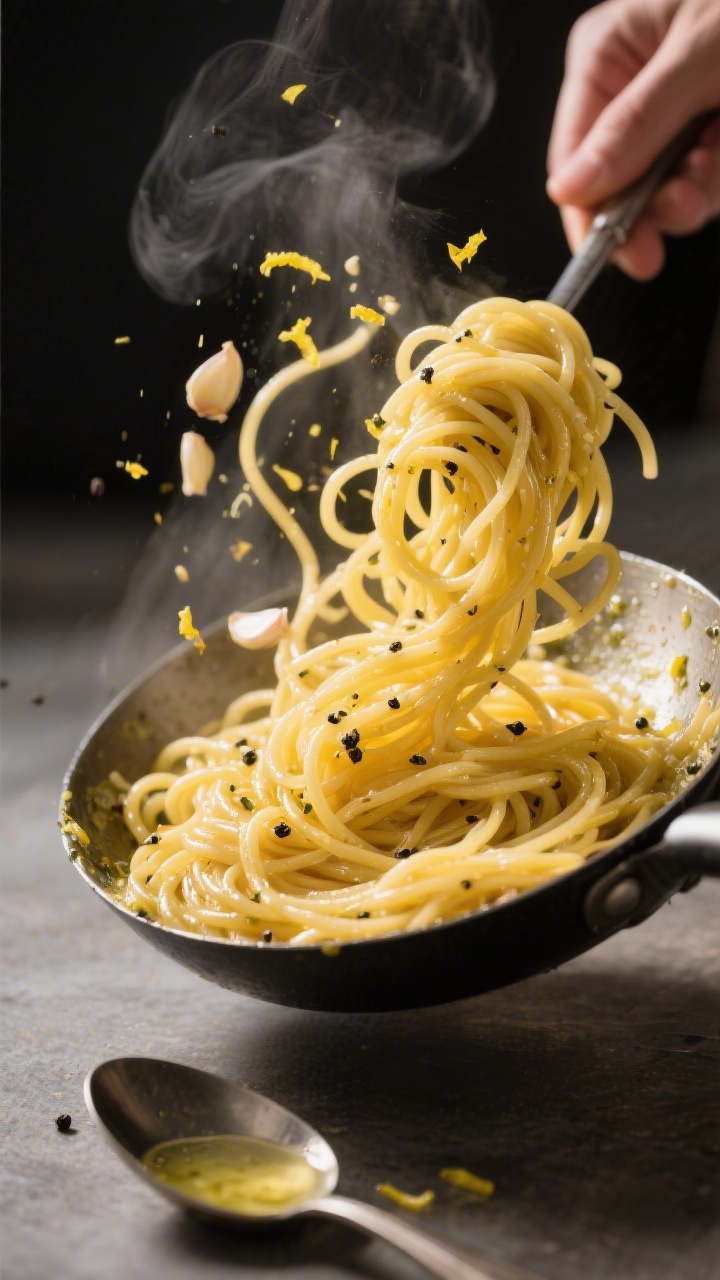 Tossing stage, action shot: Al dente spaghetti being tossed directly in the skillet with the glossy