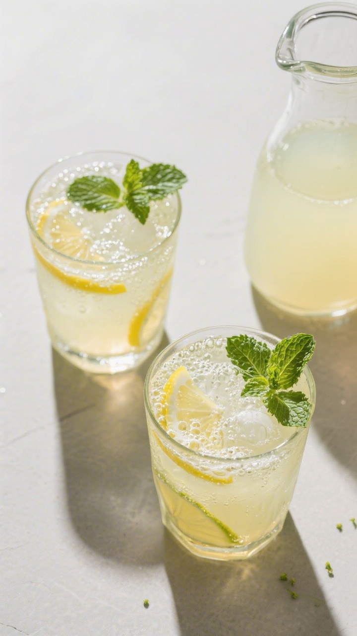 Variation spotlight (sparkling version): Overhead, top view of two glasses of sparkling mint lemonad