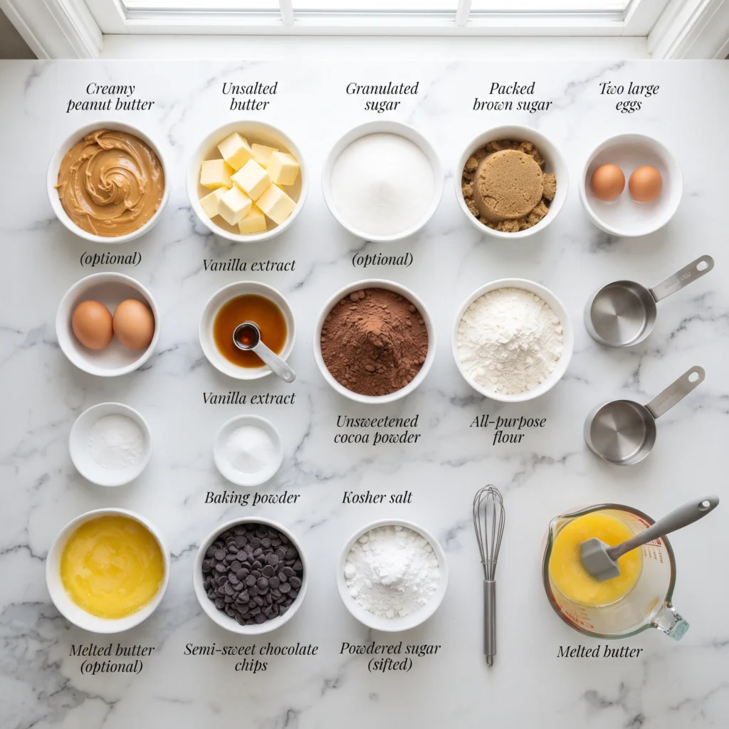  Ingredients for Easy Peanut Butter Brownies arranged neatly on a white marble countertop.