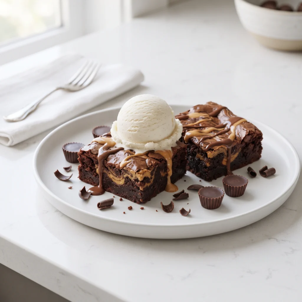 Easy Peanut Butter Brownies served with vanilla ice cream and chocolate drizzle.
