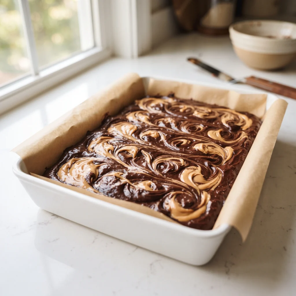 Peanut butter swirled into rich brownie batter before baking.